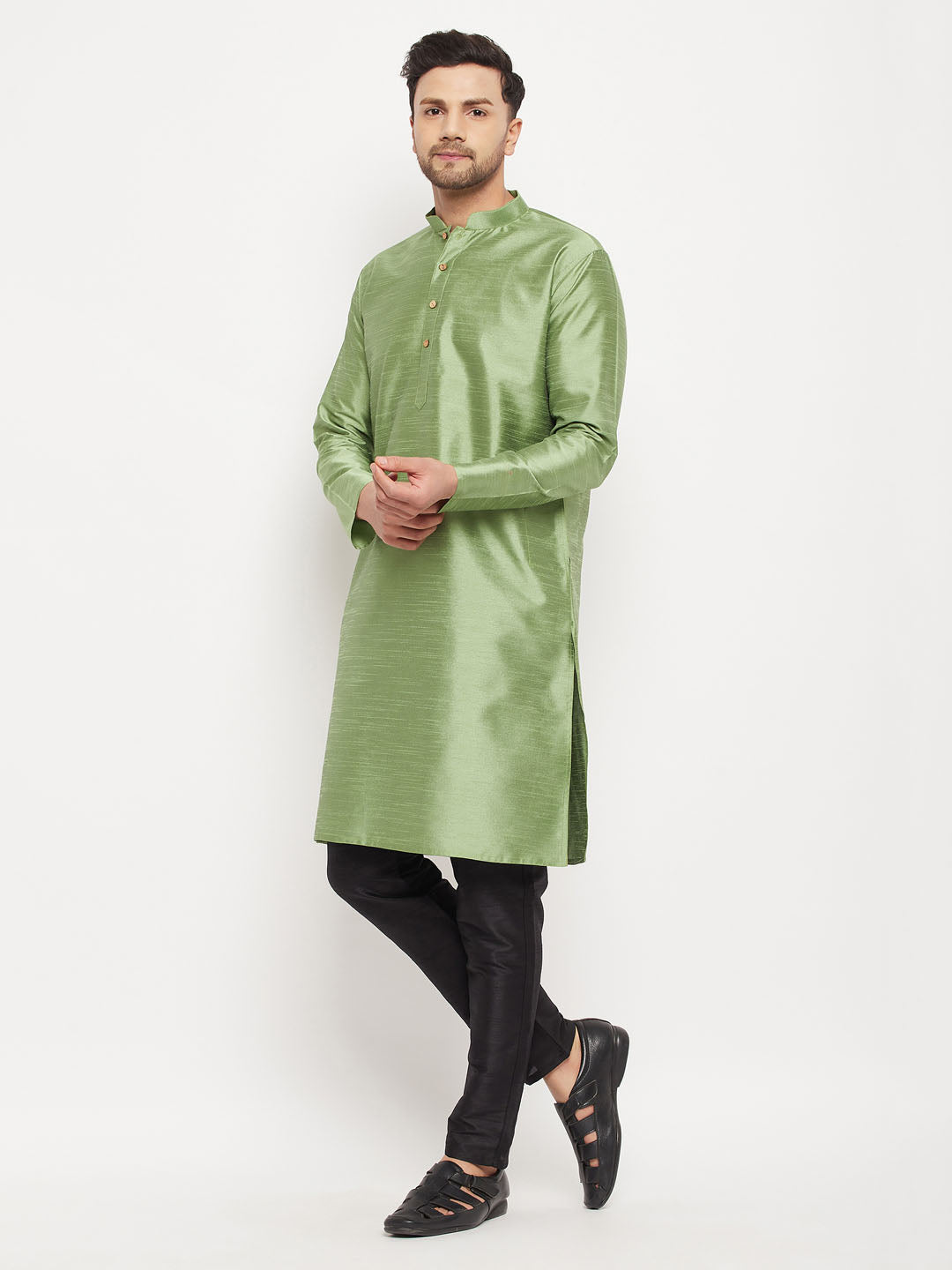 VM BY Men's Light Green Cotton Silk Blend Kurta and Black Pant Style Pyjama Set