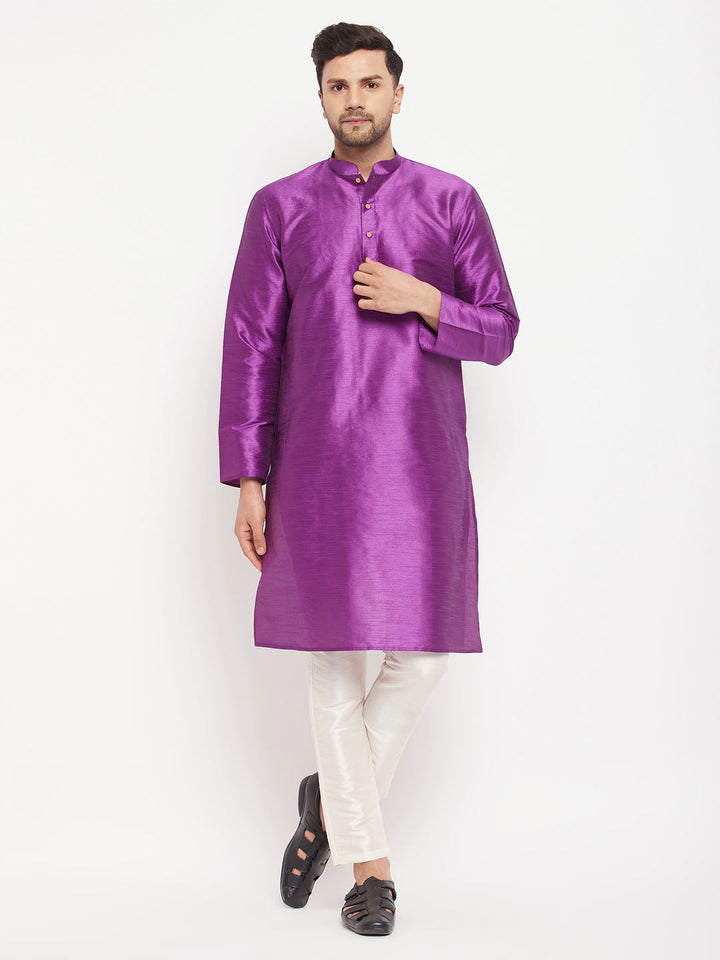 VM BY VASTRAMAY Men's Purple Cotton Silk Blend Kurta and Cream Pant Style Pyjama Set