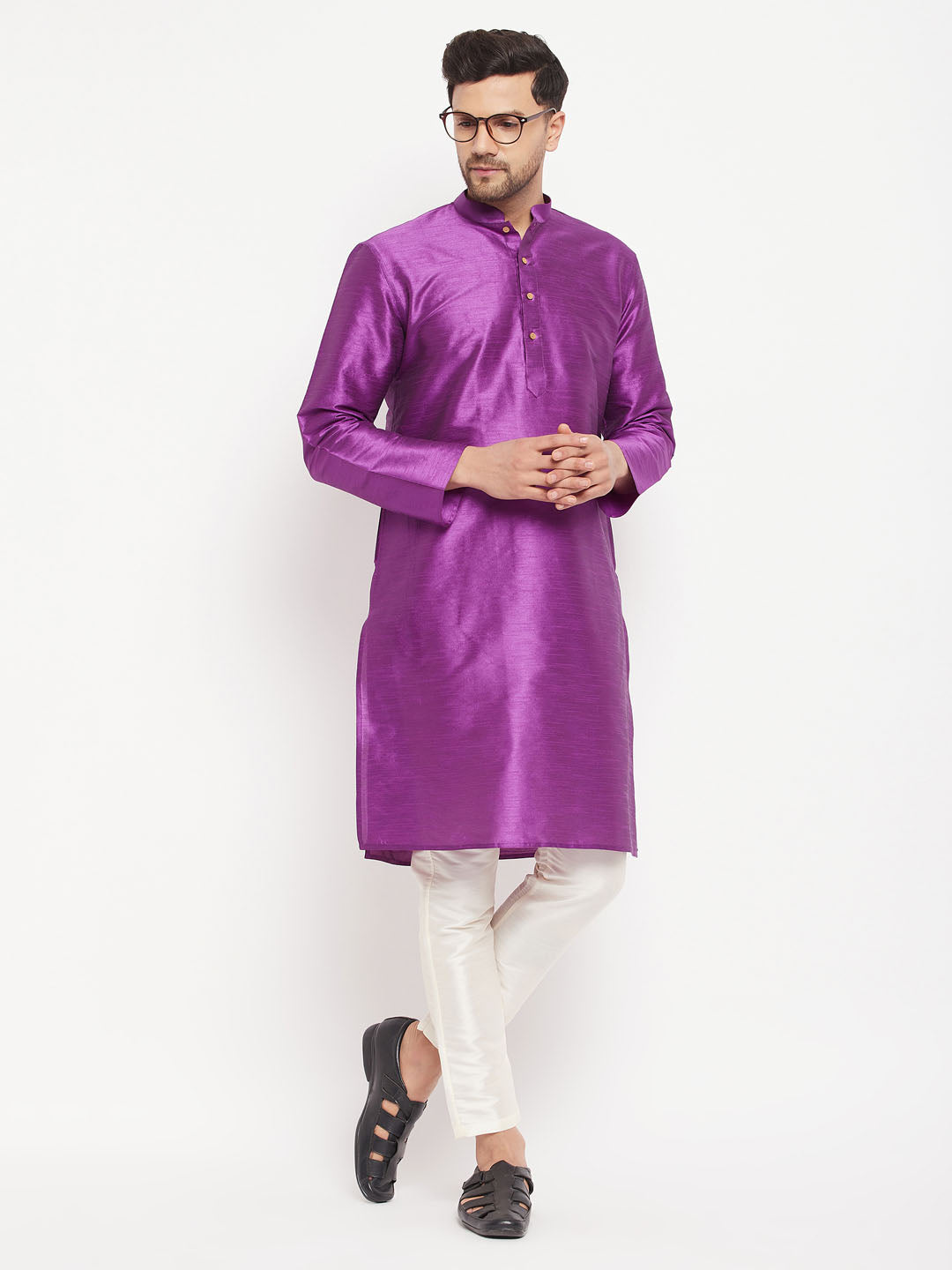 VM BY VASTRAMAY Men's Purple Cotton Silk Blend Kurta and Cream Pant Style Pyjama Set