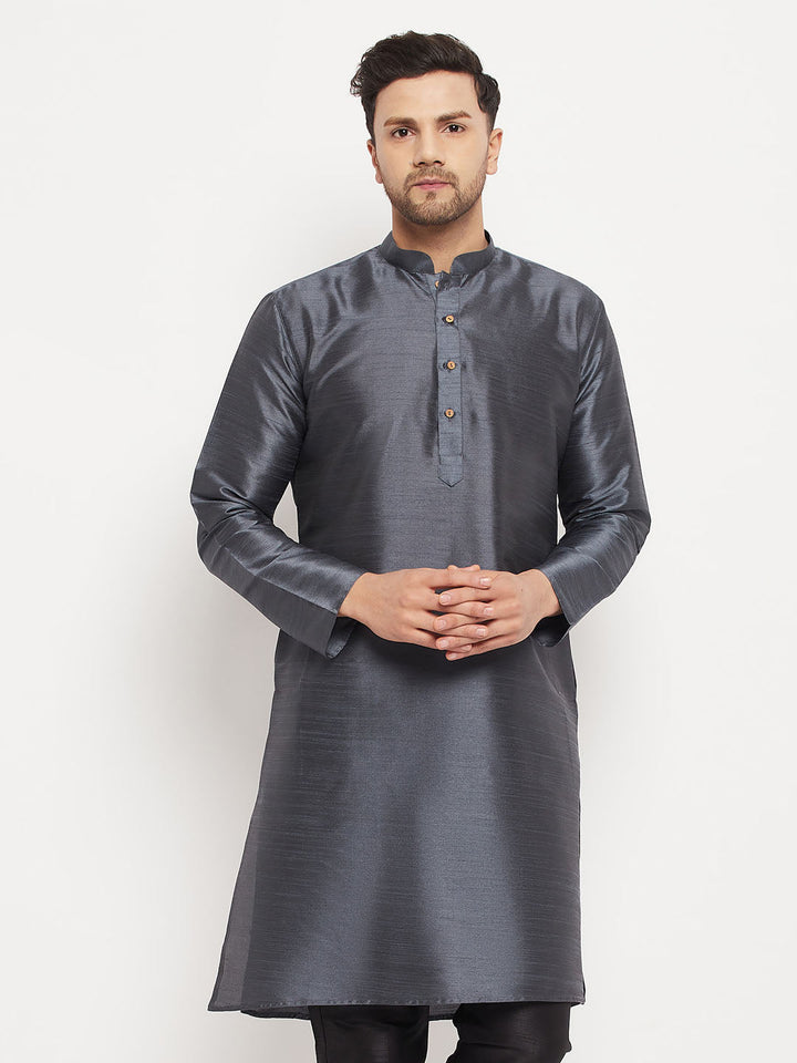 VM BY VASTRAMAY Men's Grey Cotton Silk Blend Kurta