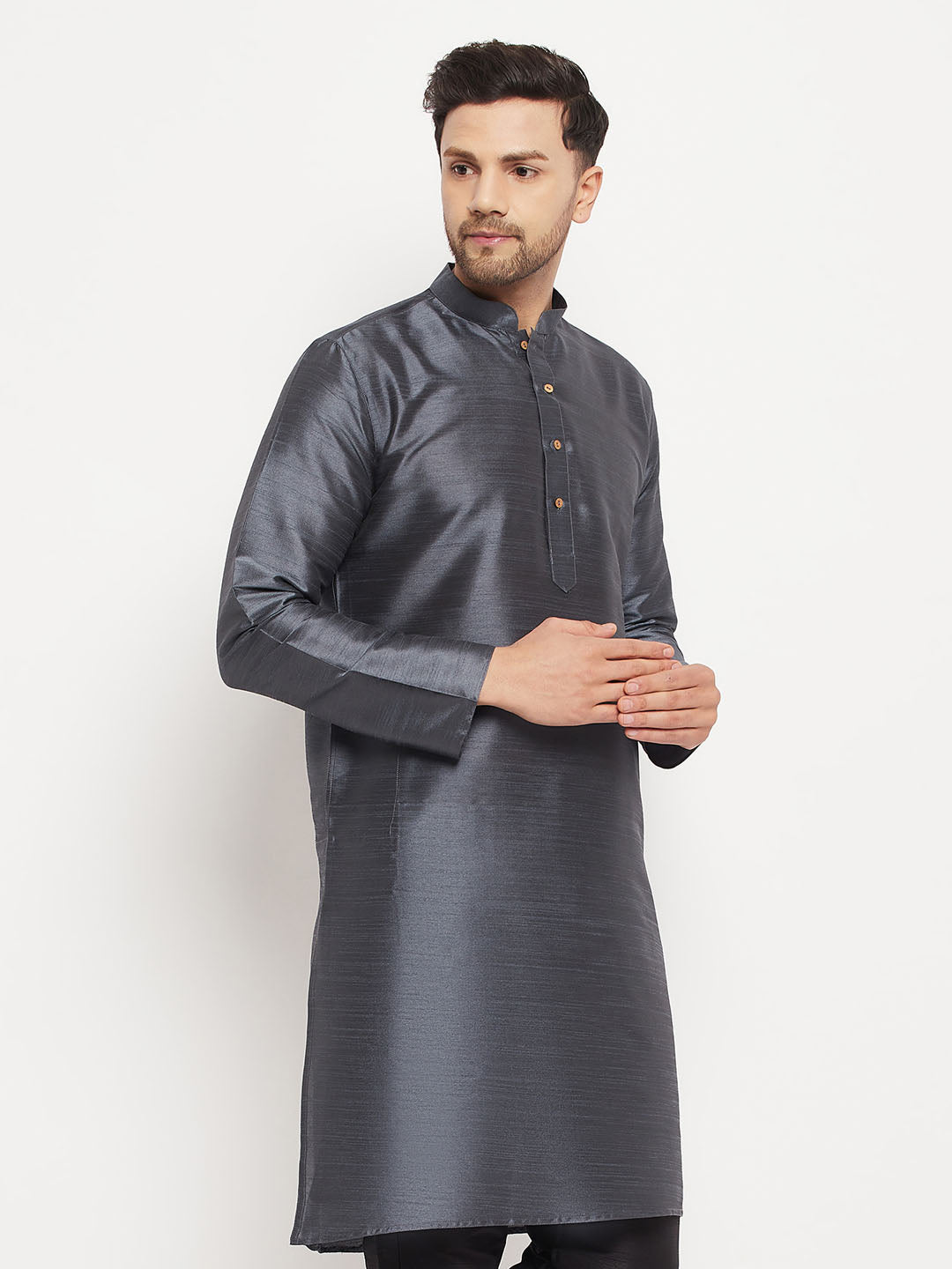 VM BY VASTRAMAY Men's Grey Cotton Silk Blend Kurta