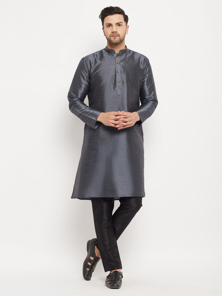 VM BY VASTRAMAY Men's Grey Cotton Silk Blend Kurta and Black Pant Style Pyjama Set