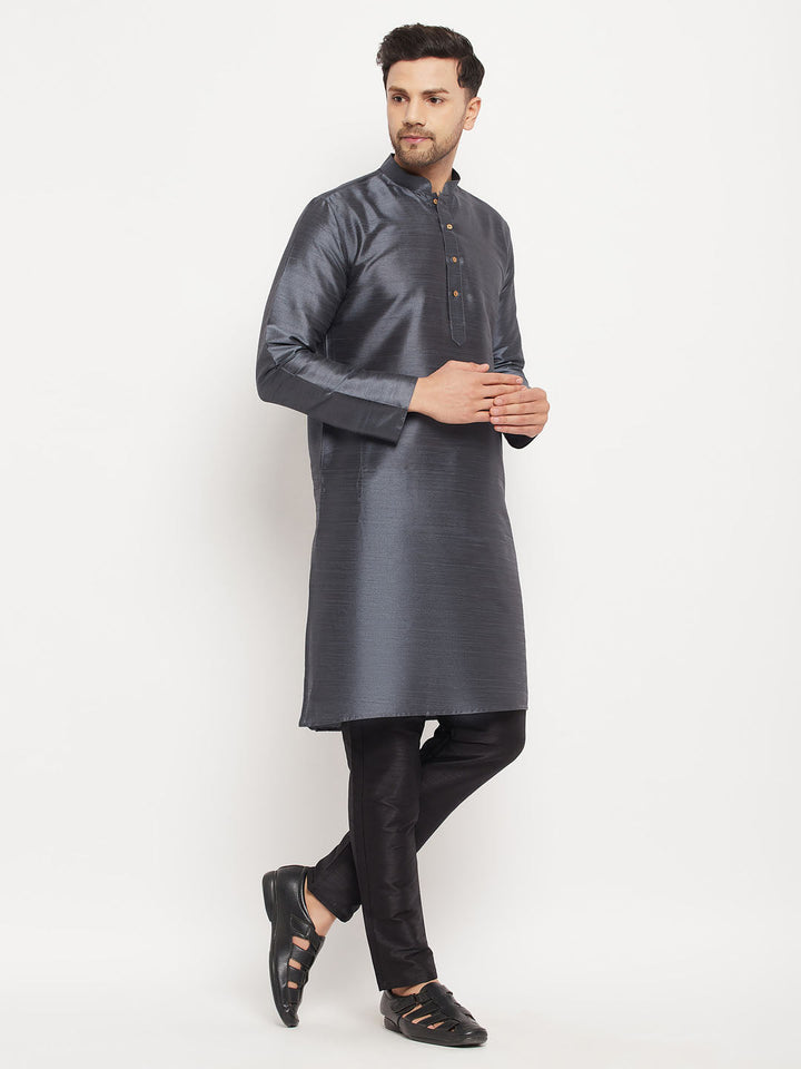 VM BY VASTRAMAY Men's Grey Cotton Silk Blend Kurta and Black Pant Style Pyjama Set