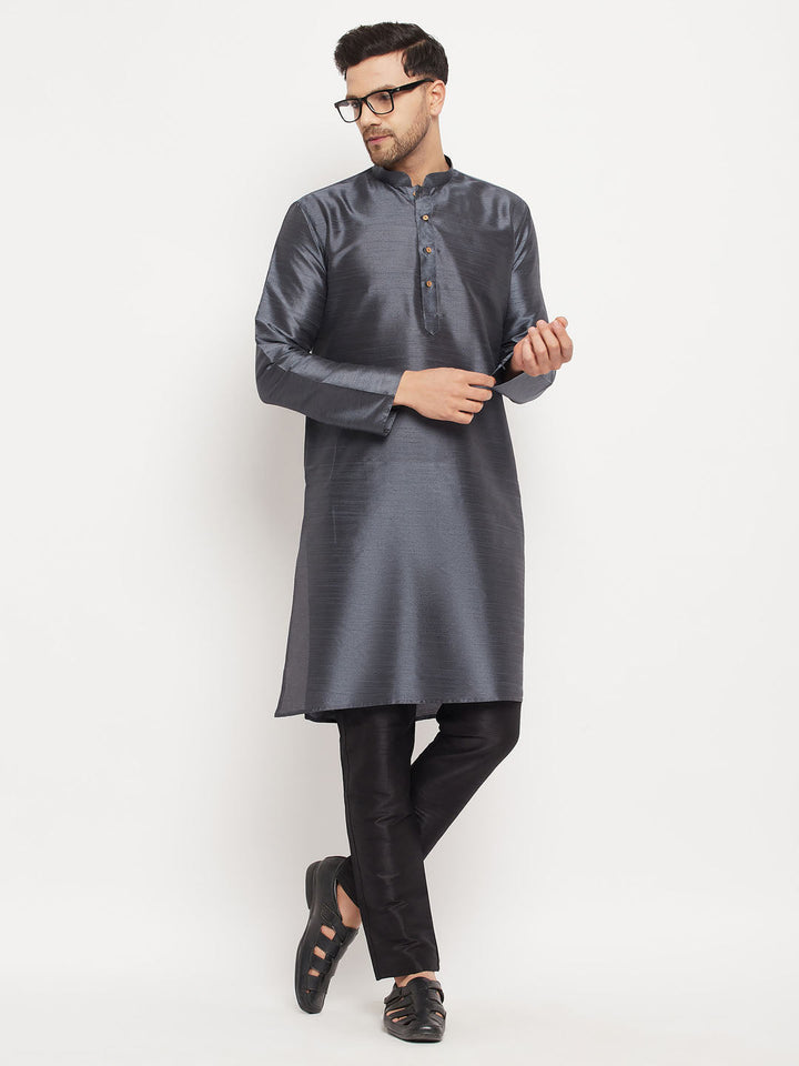 VM BY VASTRAMAY Men's Grey Cotton Silk Blend Kurta and Black Pant Style Pyjama Set