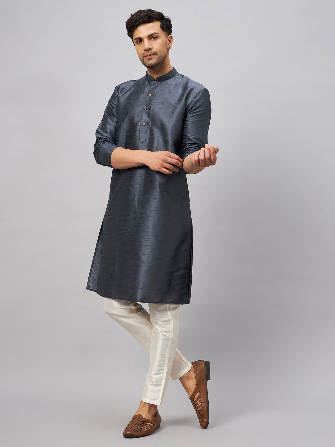 A stylish and comfortable VM BY VASTRAMAY Men's Grey Cotton Silk Blend Kurta and Cream Pant Set for a sophisticated and traditional look