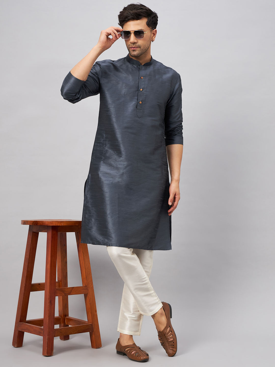 VM BY VASTRAMAY Men's Grey Cotton Silk Blend Kurta and Cream Pant Set, perfect for casual and formal occasions, with intricate traditional embroidery details