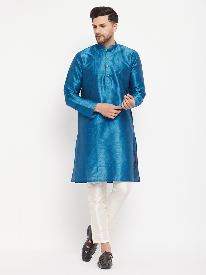 VM BY VASTRAMAY Men's Dark Green Cotton Silk Blend Kurta