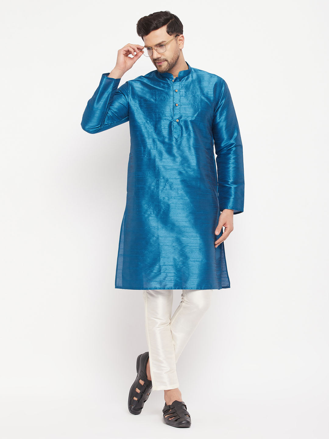 VM BY VASTRAMAY Men's Turquoise Blue Cotton Silk Blend Kurta and Pant Style Pyjama Set