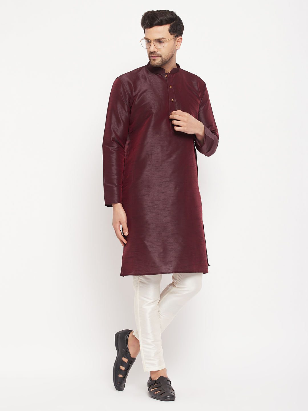 VM BY VASTRAMAY Men's Burgundy Silk Blend Kurta