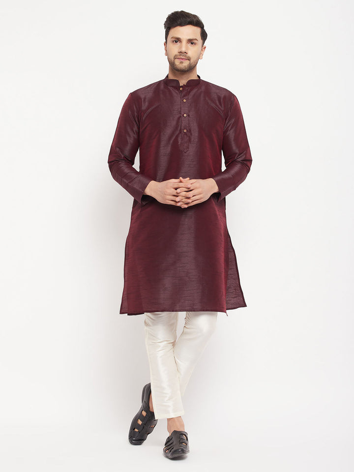 VM BY VASTRAMAY Men's Burgundy Silk Blend Kurta and Cream Pant Style Pyjama Set