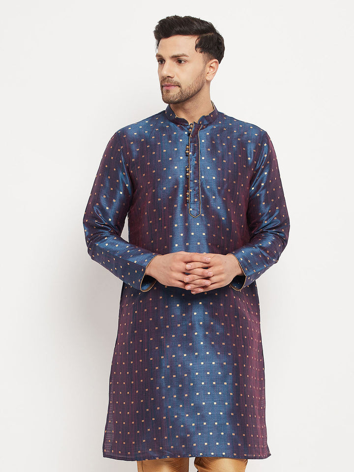 VM By VASTRAMAY Men's Blue Zari Weaved Kurta - traditional Indian men's attire with intricate blue and gold zari weaving