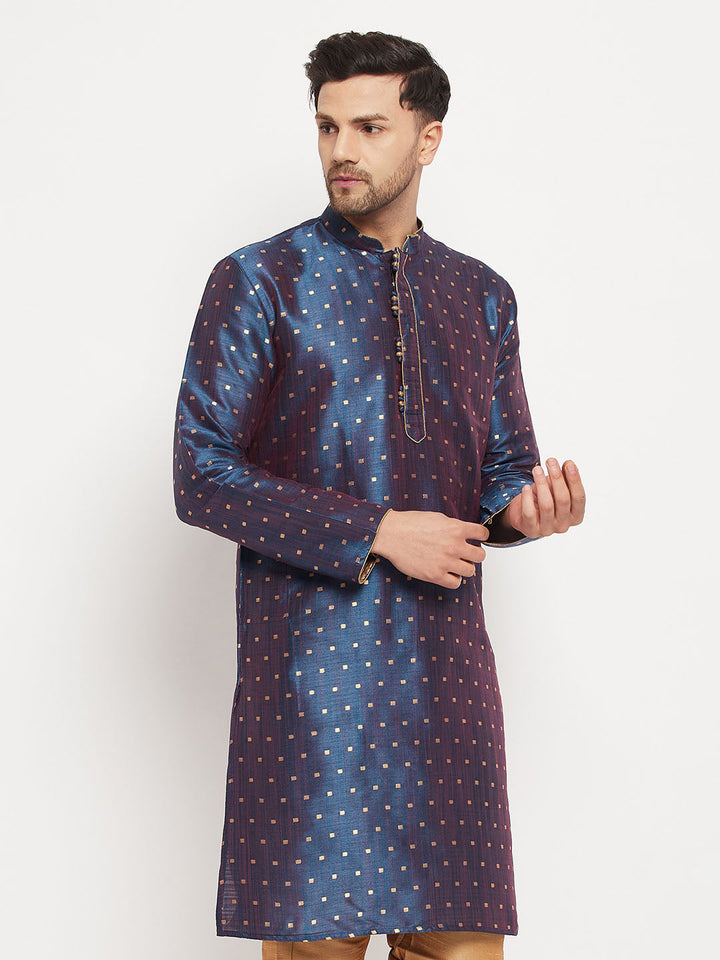 VM By VASTRAMAY Men's Blue Zari Weaved Kurta