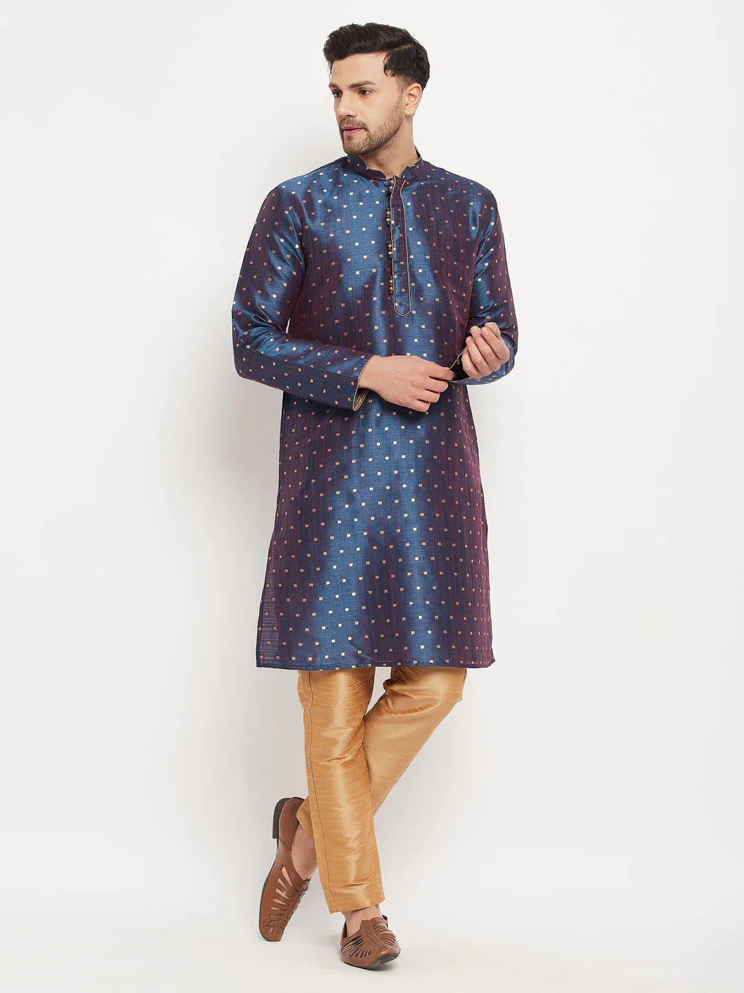 Men's Navy Blue Zari Weaved Kurta And Pant Set