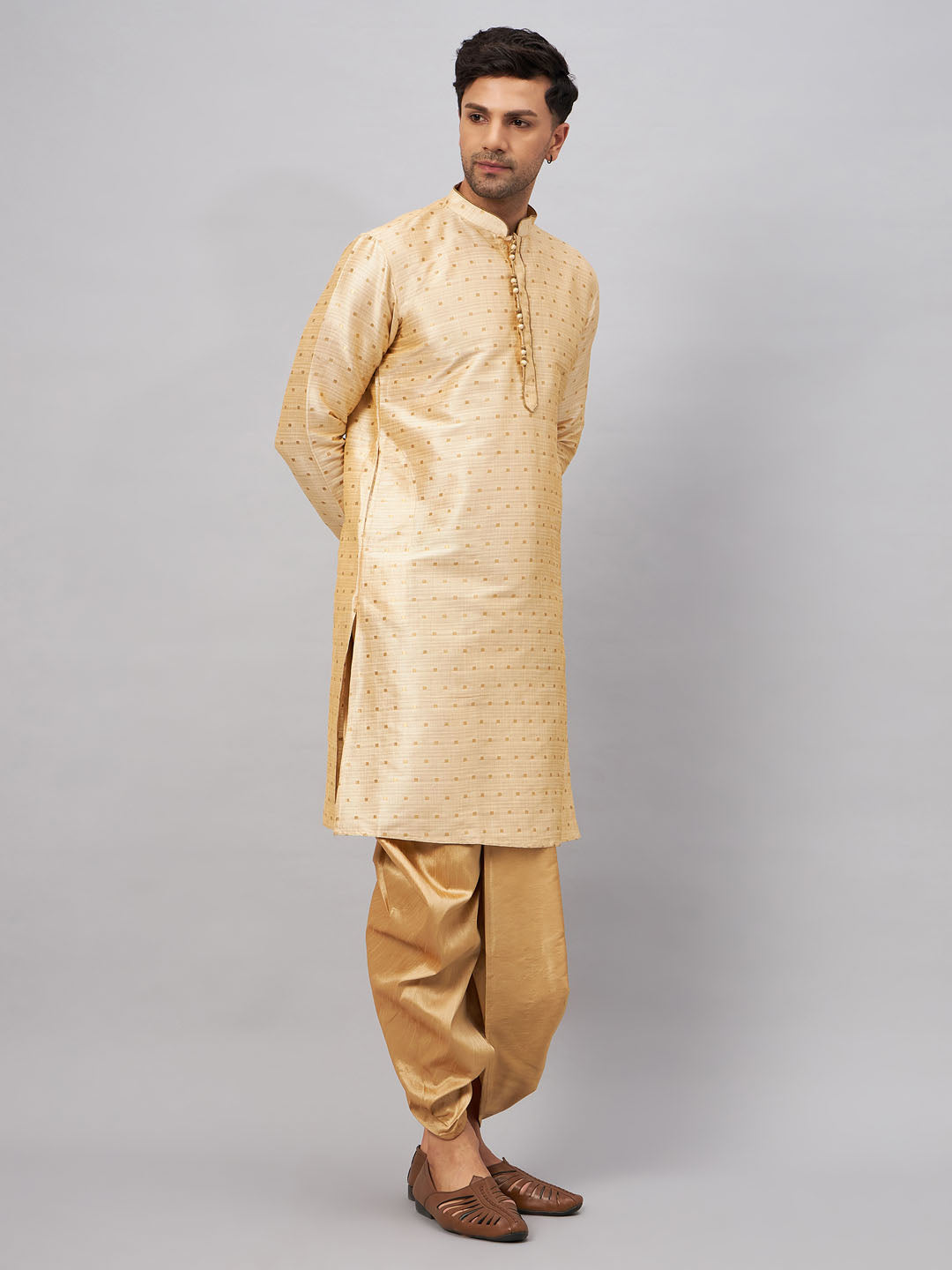 VM BY Men's Gold Zari Weaved Kurta Dhoti Set showcasing traditional Indian attire with intricate gold zari detailing