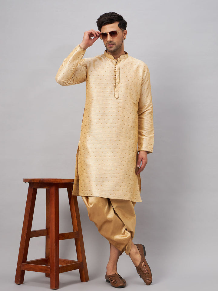 VM BY Men's Gold Zari Weaved Kurta Dhoti Set with intricate traditional design and comfortable fit