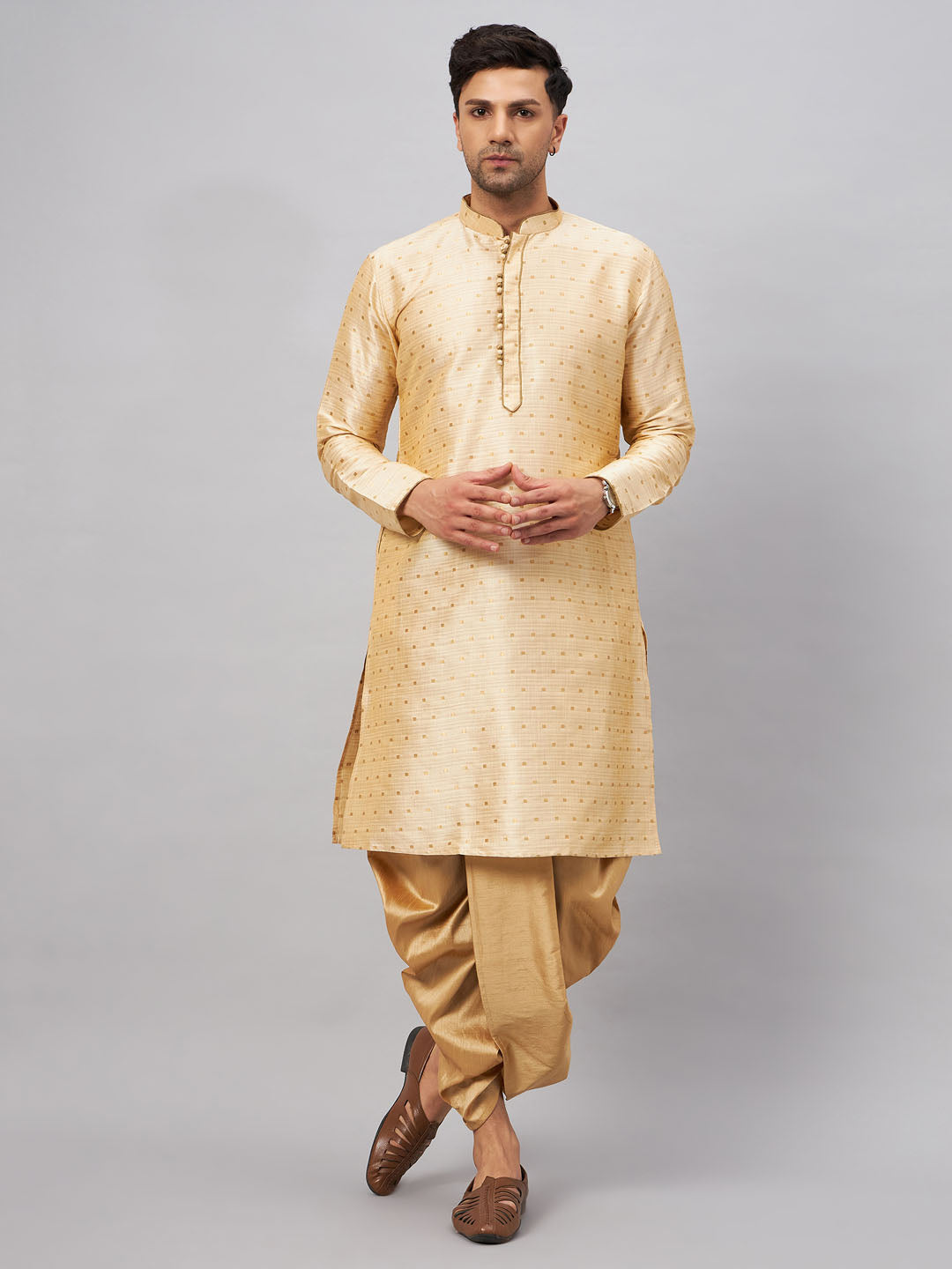 VM BY Men's Gold Zari Weaved Kurta Dhoti Set - Traditional Indian attire with intricate gold zari weaving for a stylish and elegant look