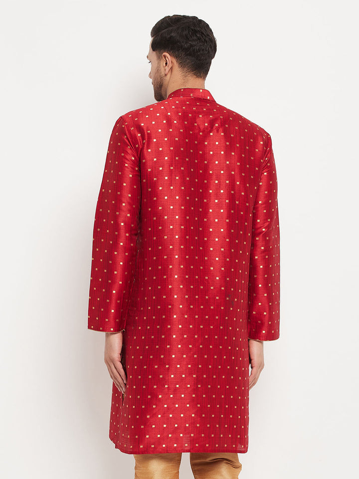 Front view of VM By VASTRAMAY Men's Maroon Zari Weaved Kurta with intricate gold embroidery and mandarin collar