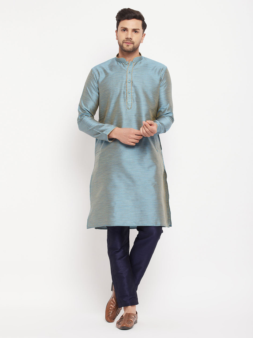 VM BY VASTRAMAY Men's Aqua Blue Silk Blend Kurta and Navy Blue Pant Style Pyjama Set