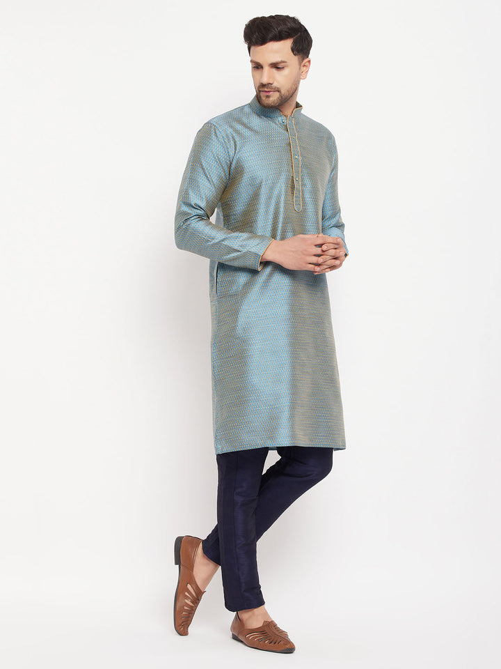 VM BY VASTRAMAY Men's Aqua Blue Silk Blend Kurta and Navy Blue Pant Style Pyjama Set