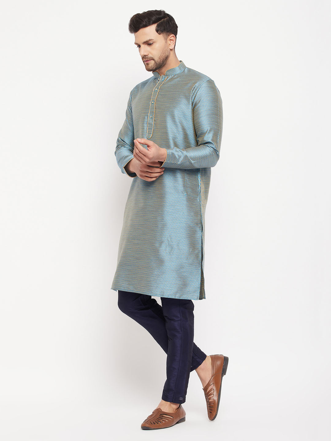 VM BY VASTRAMAY Men's Aqua Blue Silk Blend Kurta and Navy Blue Pant Style Pyjama Set