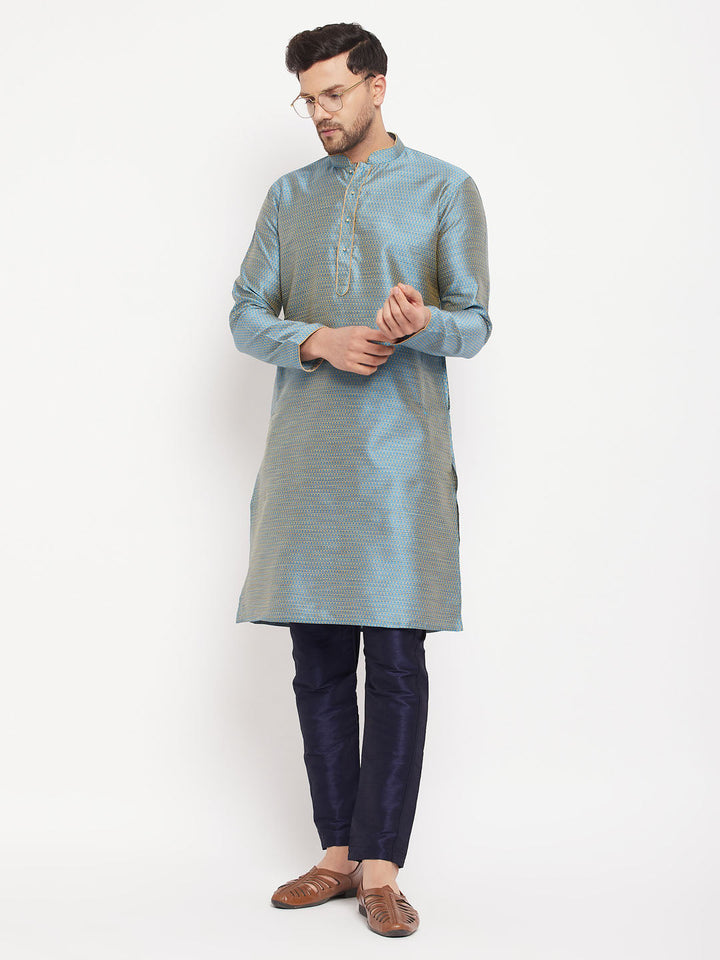 VM BY VASTRAMAY Men's Aqua Blue Silk Blend Kurta and Navy Blue Pant Style Pyjama Set