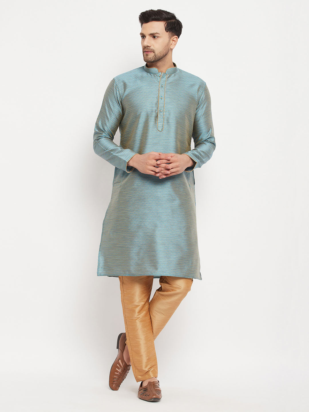 VM BY VASTRAMAY Men's Aqua Blue Silk Blend Kurta and Rose Gold Pant Style Pyjama Set