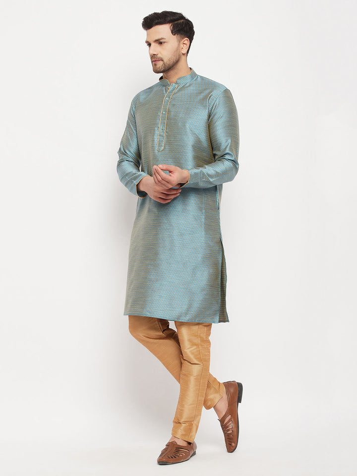 VM BY VASTRAMAY Men's Aqua Blue Silk Blend Kurta and Rose Gold Pant Style Pyjama Set