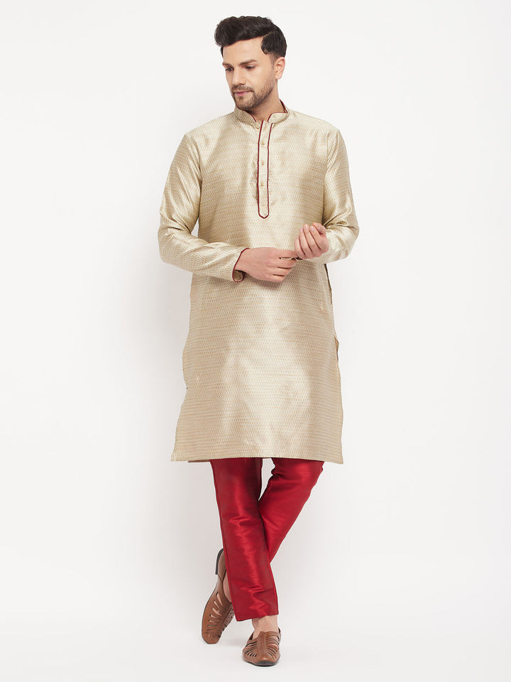 VM BY VASTRAMAY Men's Beige Silk Blend Kurta and Maroon Pant Style Pyjama Set