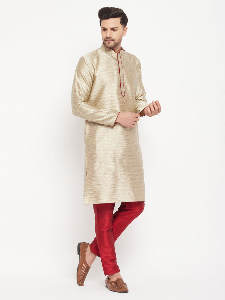 VM BY VASTRAMAY Men's Beige Silk Blend Kurta and Maroon Pant Style Pyjama Set