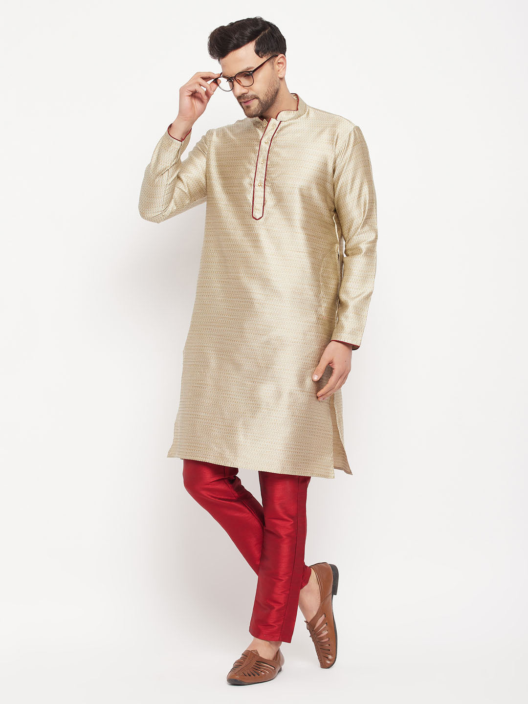 VM BY VASTRAMAY Men's Beige Silk Blend Kurta and Maroon Pant Style Pyjama Set