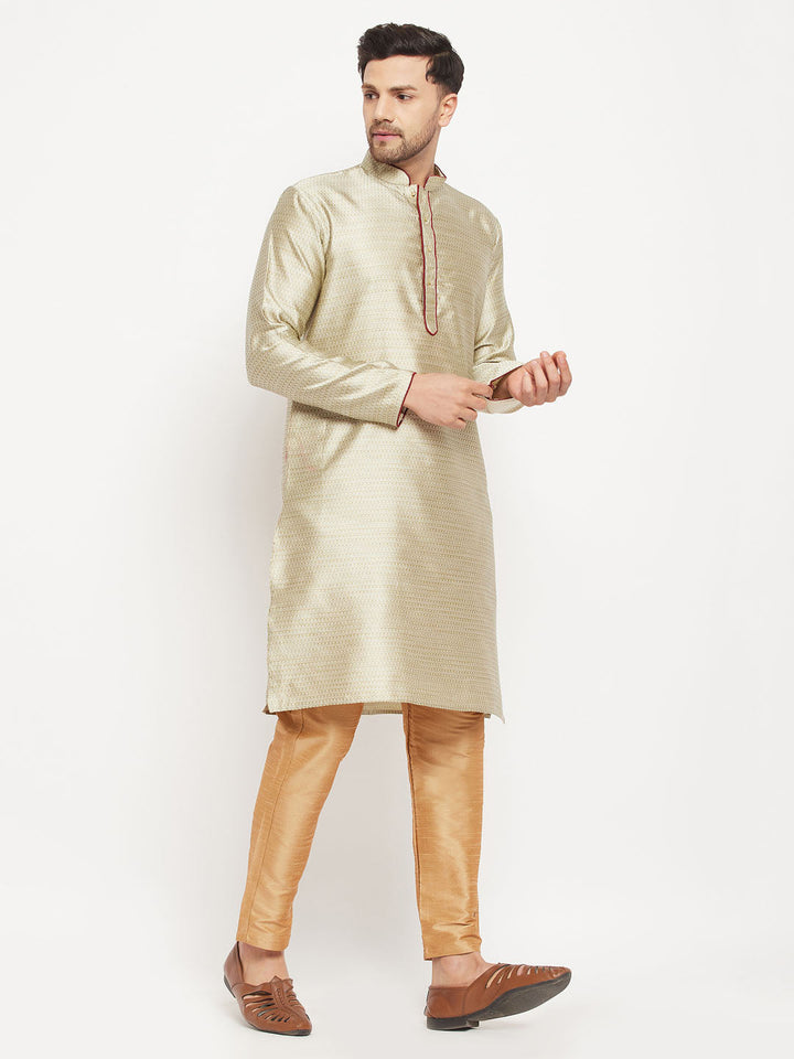 VM BY VASTRAMAY Men's Beige Silk Blend Kurta and Rose Gold Pant Style Pyjama Set