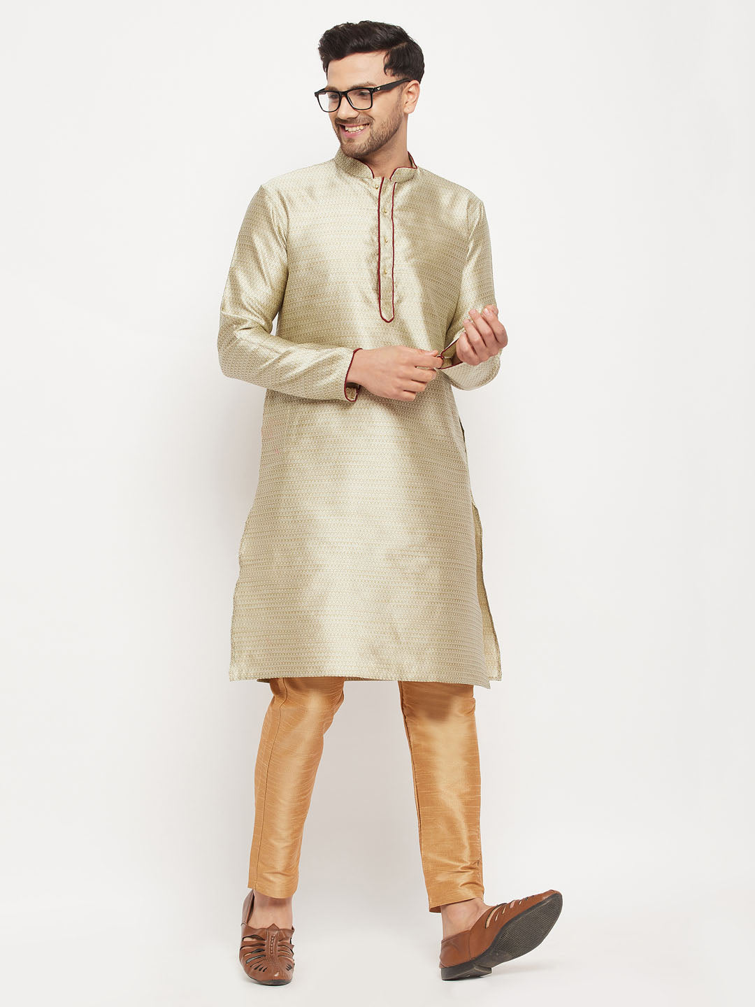 VM BY VASTRAMAY Men's Beige Silk Blend Kurta and Rose Gold Pant Style Pyjama Set