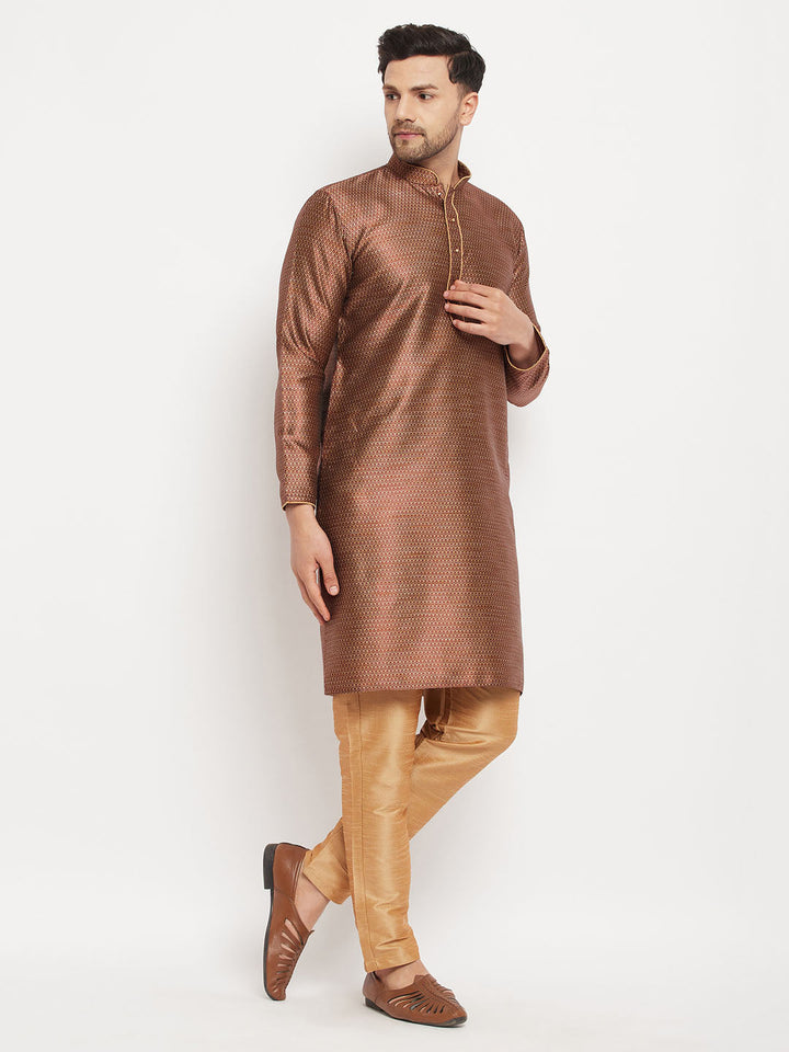 VM BY VASTRAMAY Men's Maroon Silk Blend Kurta and Rose Gold Pant Style Pyjama Set