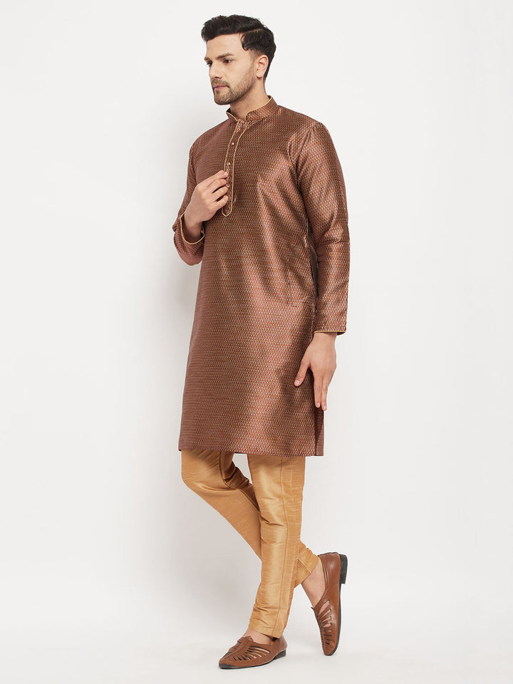 VM BY VASTRAMAY Men's Maroon Silk Blend Kurta and Rose Gold Pant Style Pyjama Set