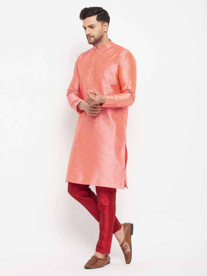 VM BY VASTRAMAY Men's Pink Silk Blend Kurta and Maroon Pant Style Pyjama Set