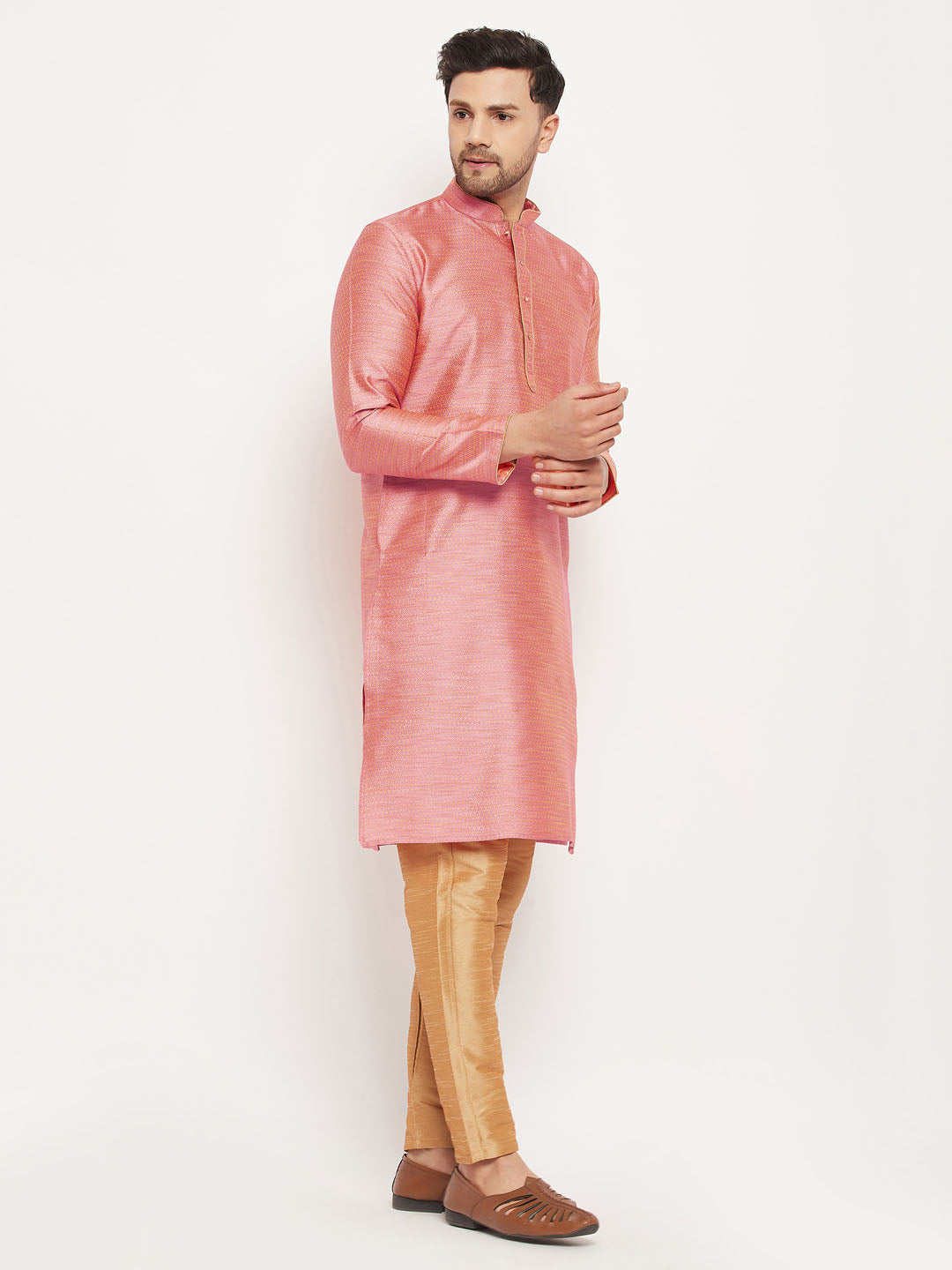 VM BY VASTRAMAY Men's Pink Silk Blend Kurta and Rose Gold Pant Style Pyjama Set