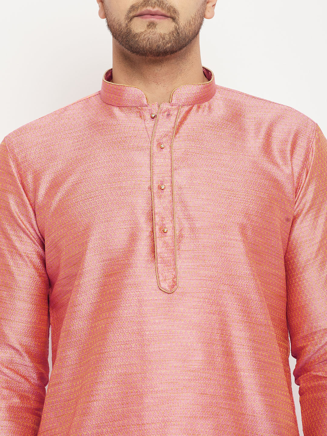 VM BY VASTRAMAY Men's Pink Silk Blend Kurta and Rose Gold Pant Style Pyjama Set