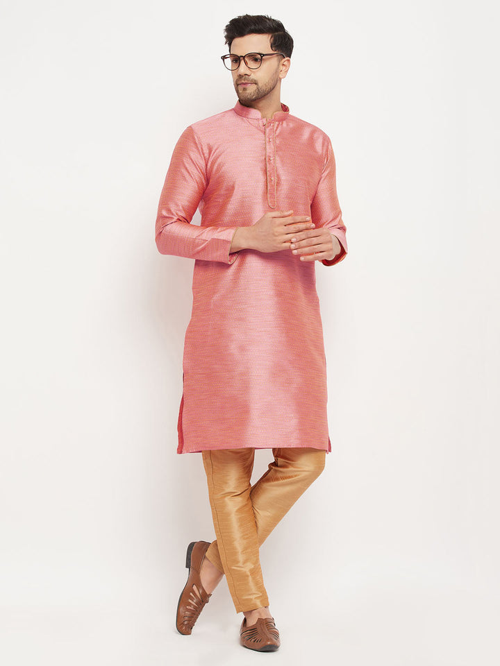 VM BY VASTRAMAY Men's Pink Silk Blend Kurta and Rose Gold Pant Style Pyjama Set