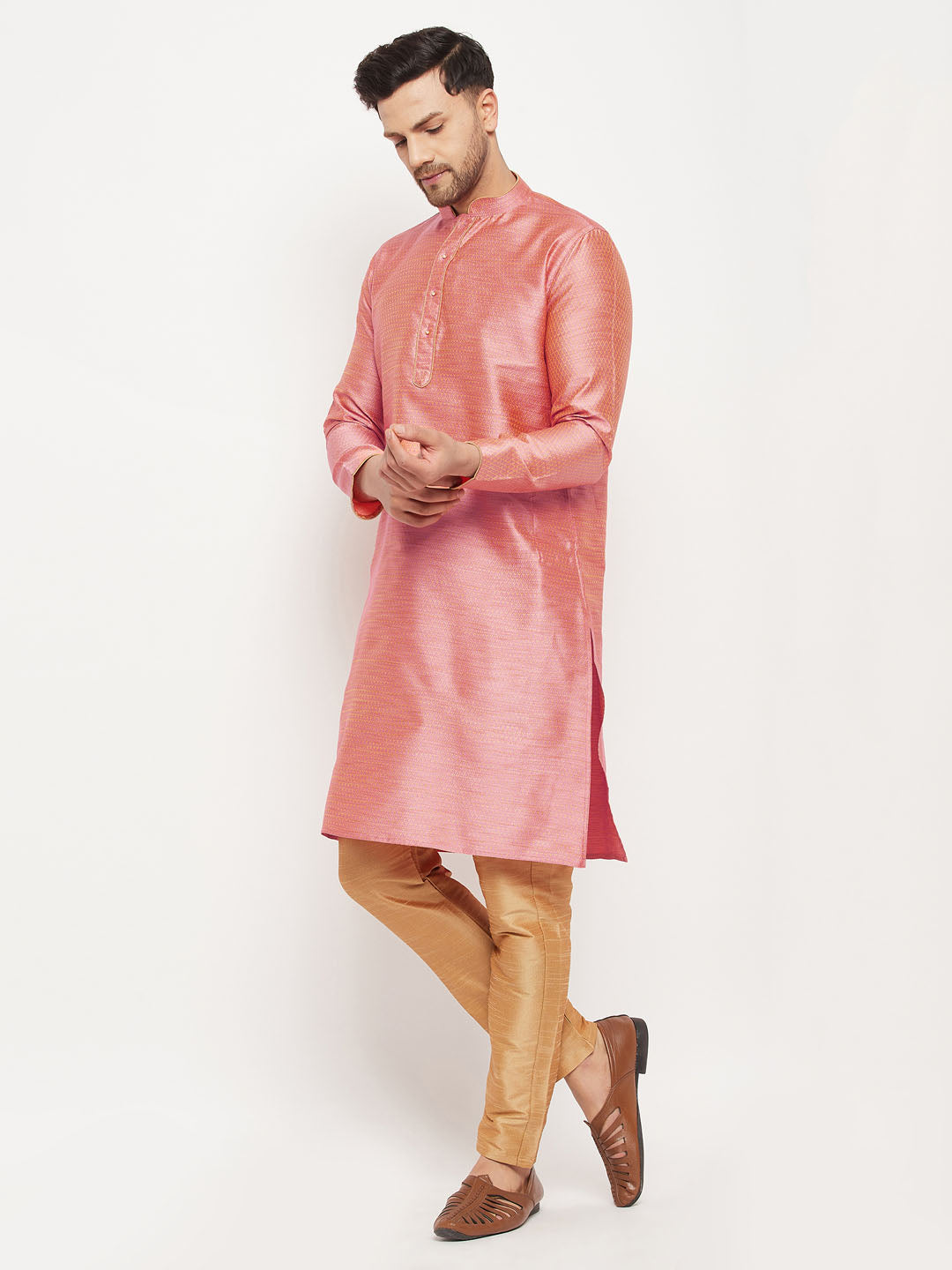 VM BY VASTRAMAY Men's Pink Silk Blend Kurta and Rose Gold Pant Style Pyjama Set