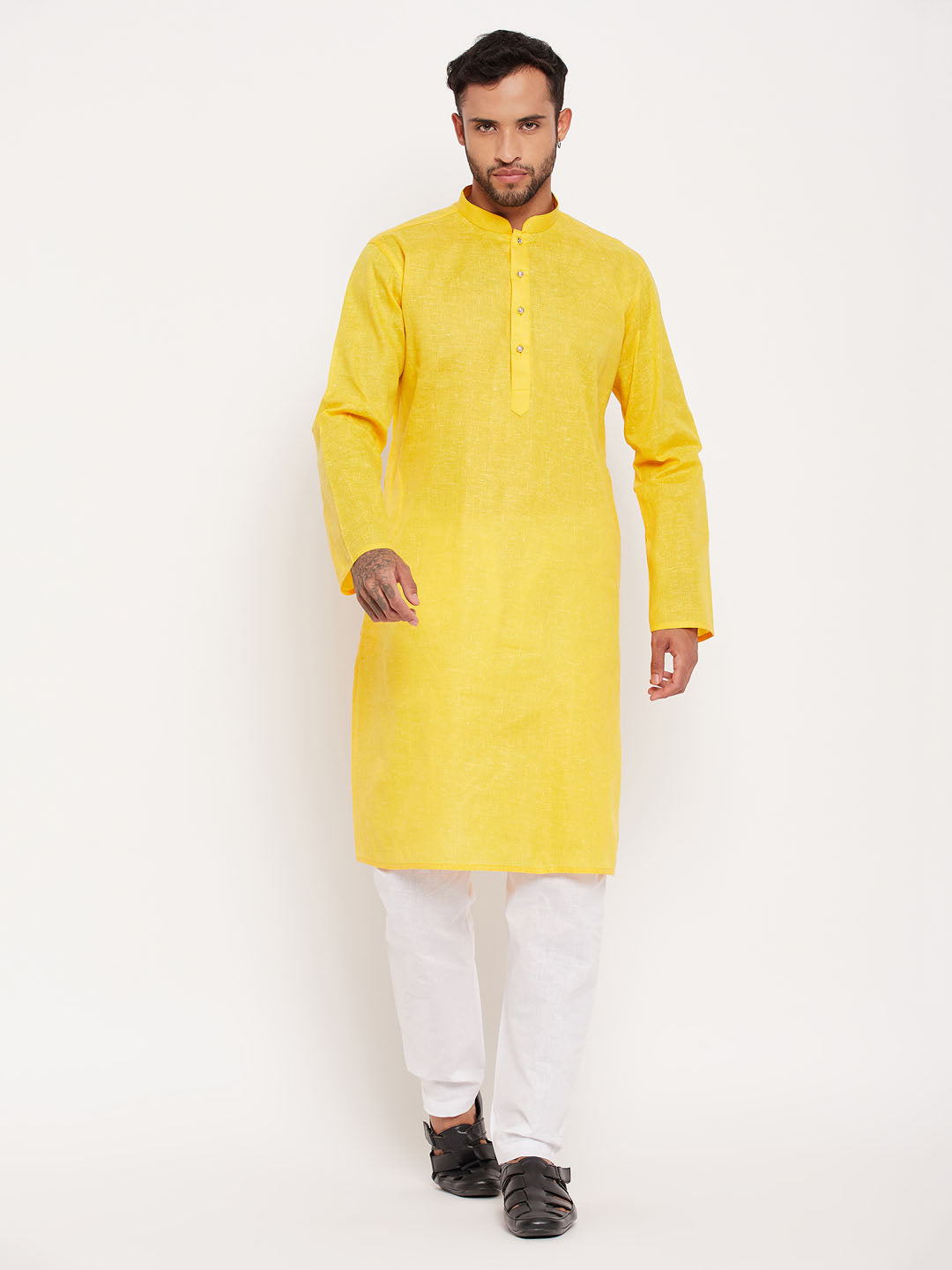 VM BY VASTRAMAY Men's Yellow Cotton Kurta And White Pyjama Set