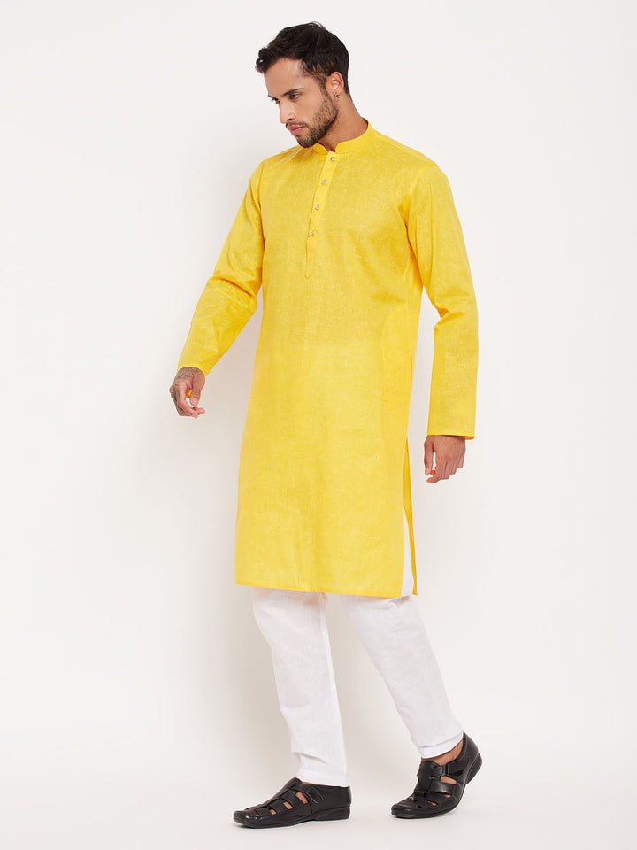 VM BY VASTRAMAY Men's Yellow Cotton Kurta And White Pyjama Set