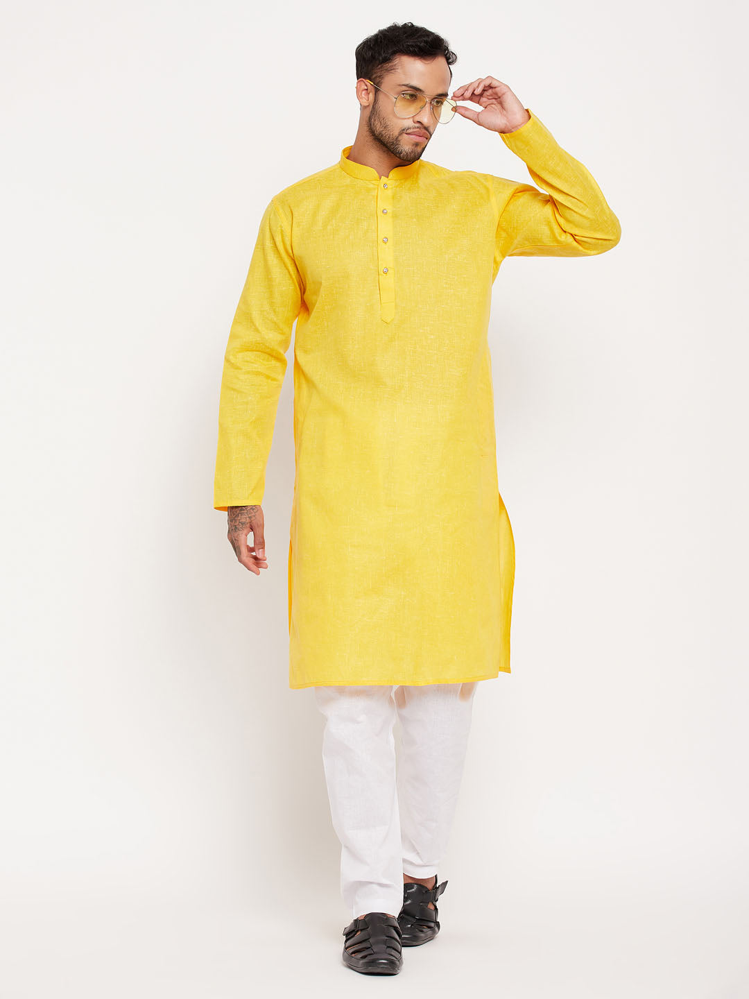 VM BY VASTRAMAY Men's Yellow Cotton Kurta And White Pyjama Set