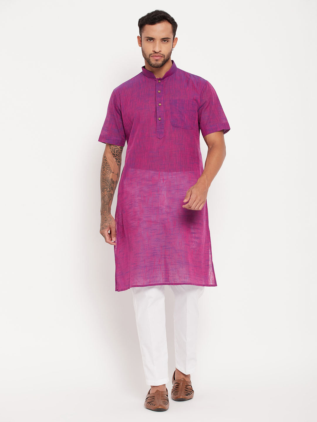 VM By VASTRAMAY Men's Solid Purple Pure Cotton Kurta With White Pant Style Pyjama Set