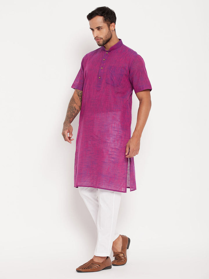 VM By VASTRAMAY Men's Solid Purple Pure Cotton Kurta With White Pant Style Pyjama Set