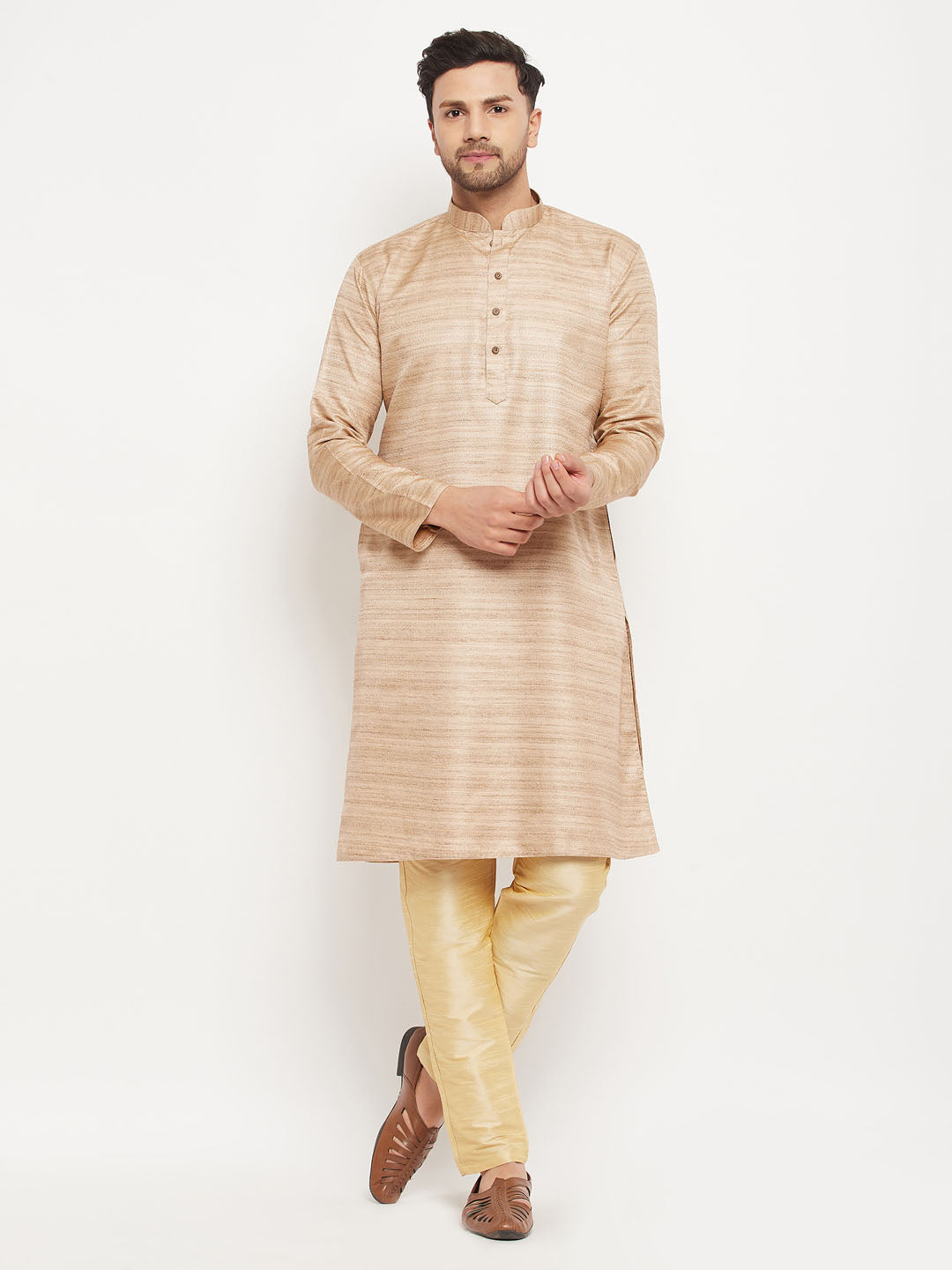 VM BY VASTRAMAY Men's Beige Matka Silk Kurta and Gold Pant Style Pyjama Set