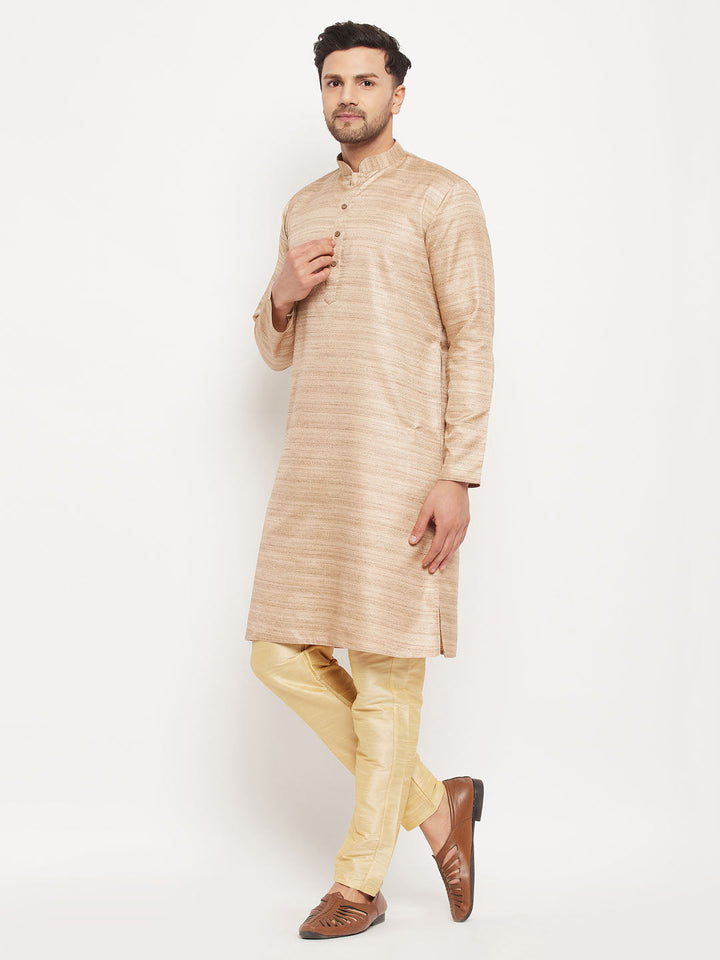 VM BY VASTRAMAY Men's Beige Matka Silk Kurta and Gold Pant Style Pyjama Set