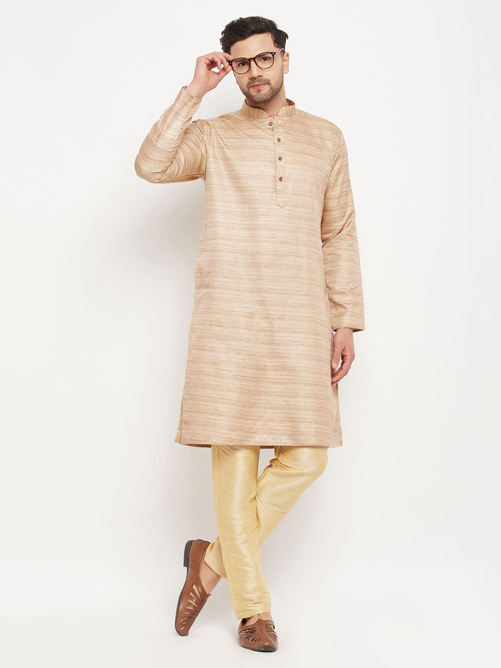 VM BY VASTRAMAY Men's Beige Matka Silk Kurta and Gold Pant Style Pyjama Set