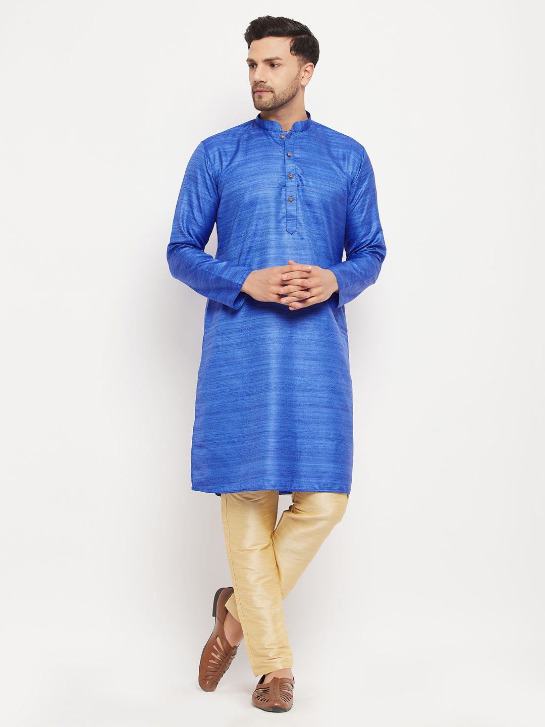 VM BY VASTRAMAY Men's Blue Matka Silk Kurta and Gold Pant Style Pyjama Set