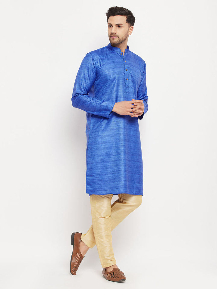 VM BY VASTRAMAY Men's Blue Matka Silk Kurta and Gold Pant Style Pyjama Set