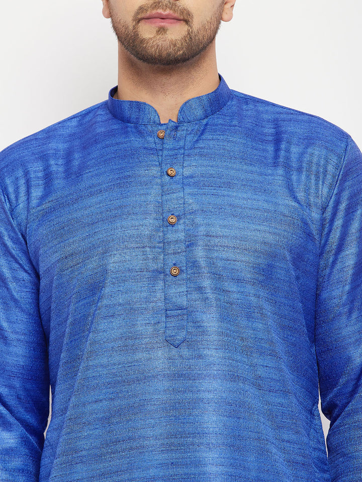 VM BY VASTRAMAY Men's Blue Matka Silk Kurta and Gold Pant Style Pyjama Set